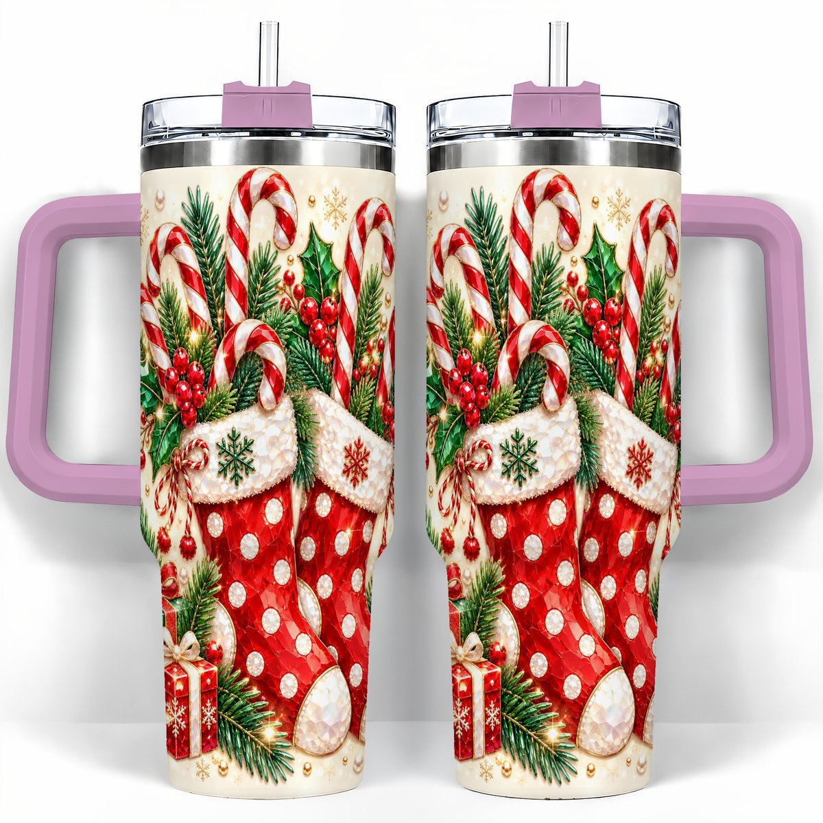 #pl[40oz|Pink] Christmas Stockings 40oz Tumbler with Handle, Holiday Travel Cup