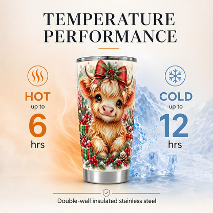 Christmas Highland Cow 20oz Tumbler, Holiday Travel Cup for Cow Lovers
