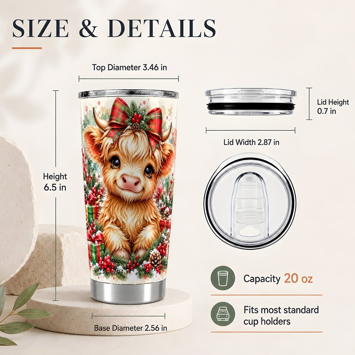 #pl[20oz|Steel] Christmas Highland Cow 20oz Tumbler, Holiday Travel Cup for Cow Lovers