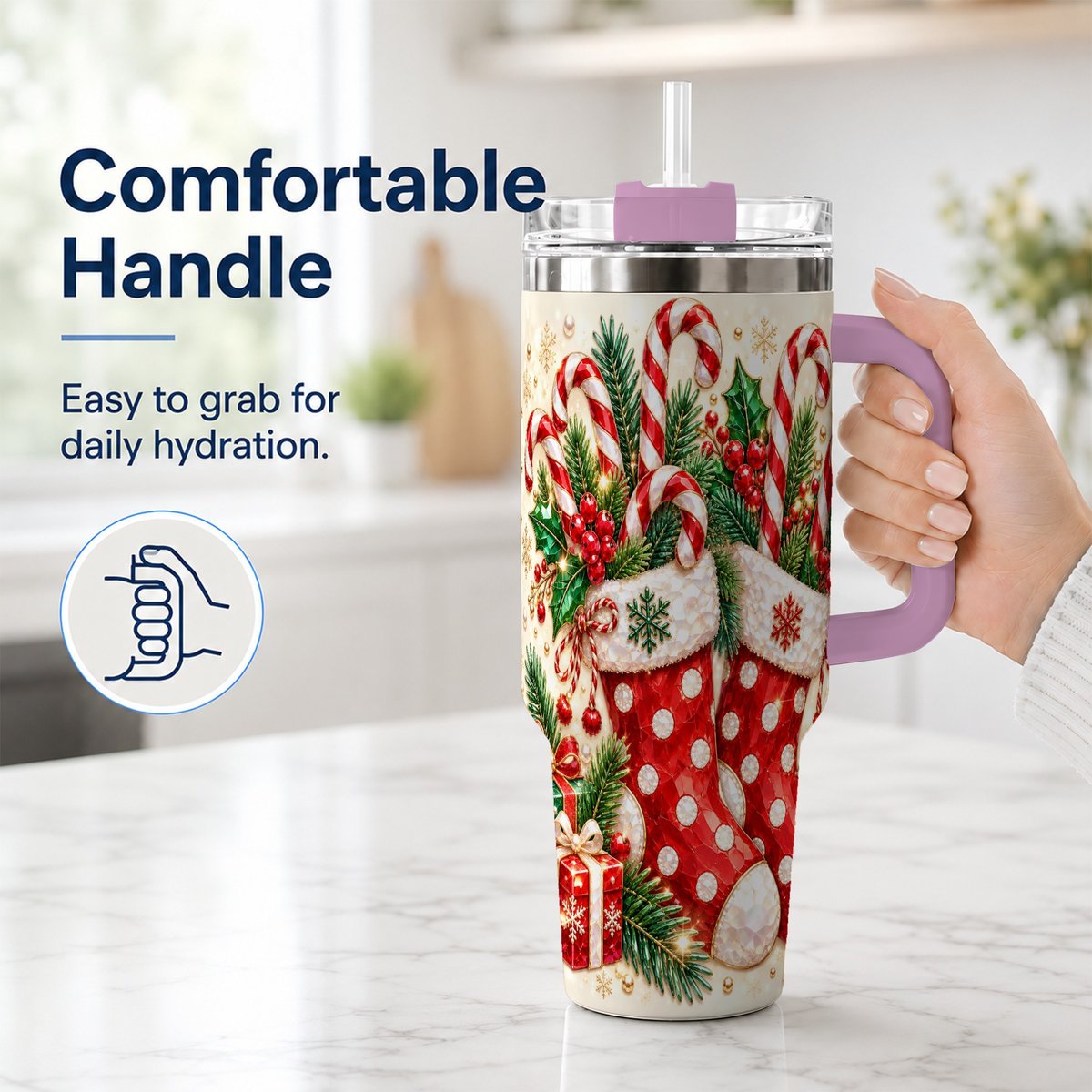 #pl[40oz|Pink] Christmas Stockings 40oz Tumbler with Handle, Holiday Travel Cup