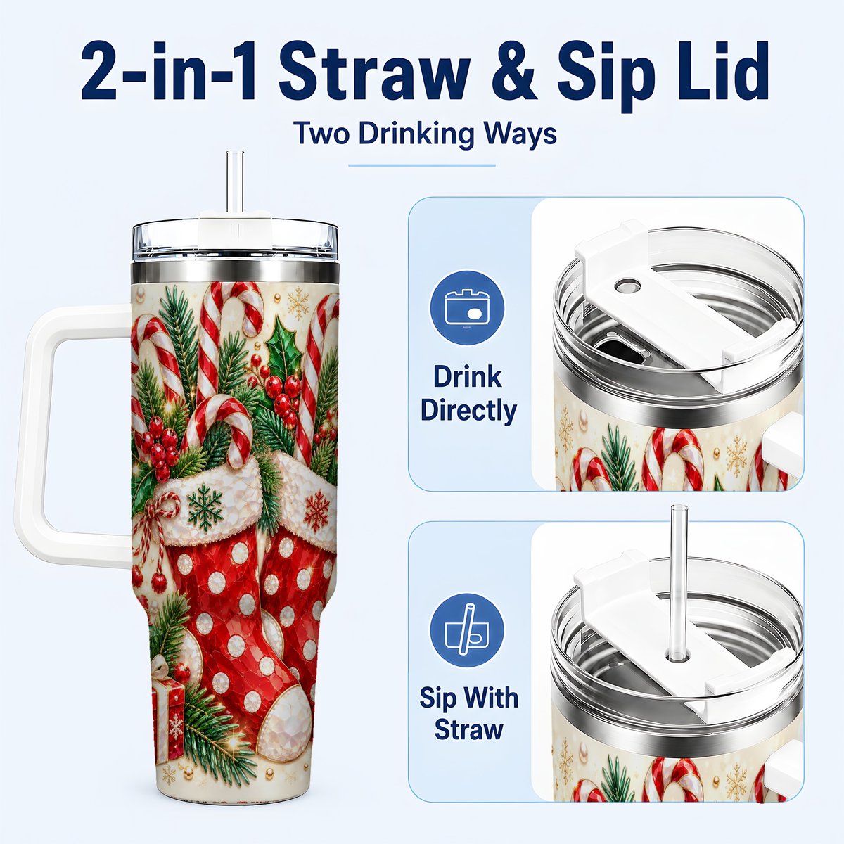 #pl[40oz|White] Christmas Stockings 40oz Tumbler with Handle, Holiday Travel Cup