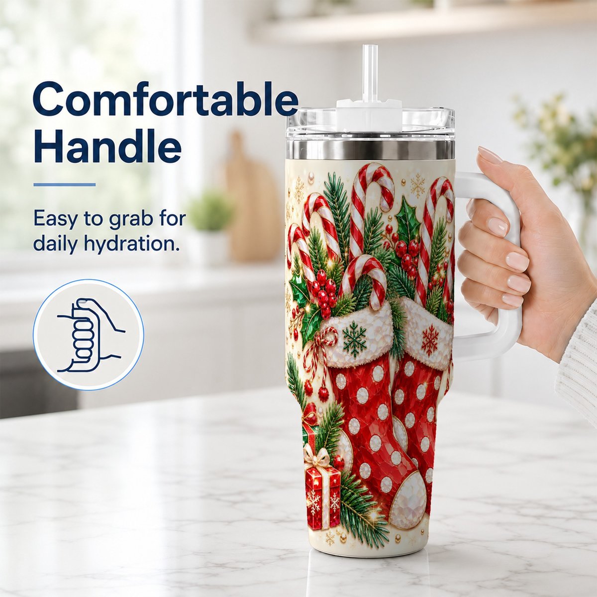 #pl[40oz|White] Christmas Stockings 40oz Tumbler with Handle, Holiday Travel Cup