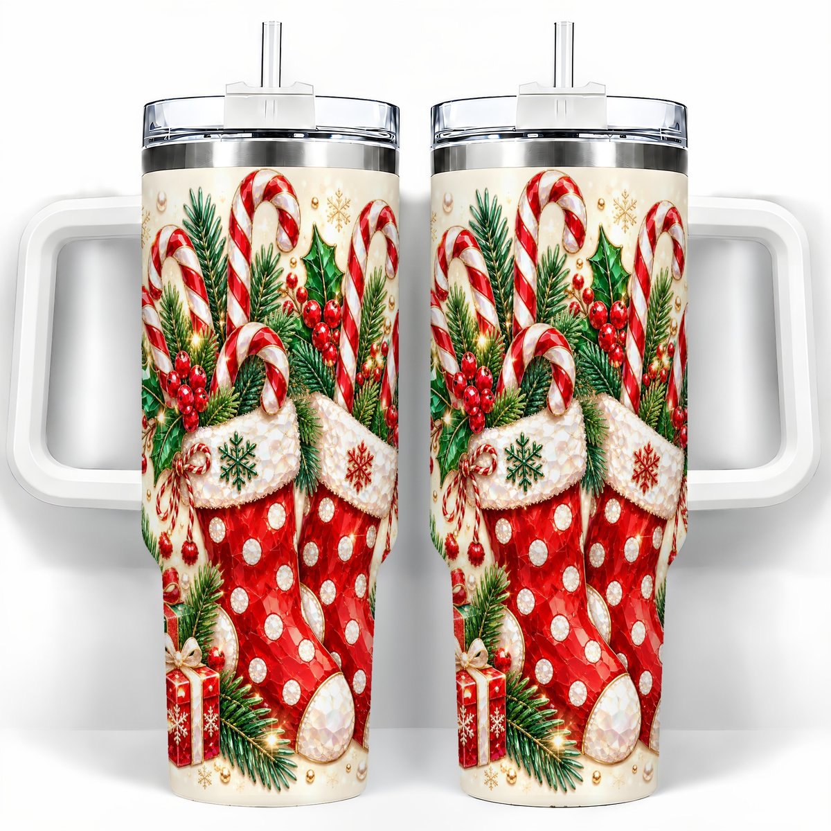 Christmas Stockings 40oz Tumbler with Handle, Holiday Travel Cup