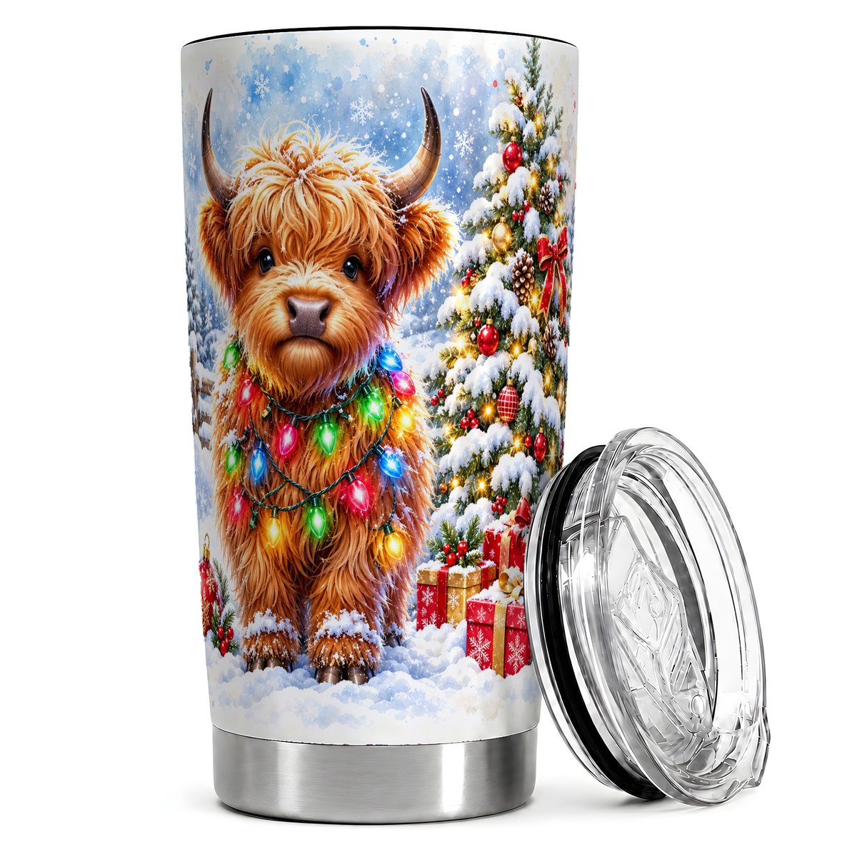 Highland Cow Christmas Lights 20oz Tumbler, Winter Travel Cup for Her