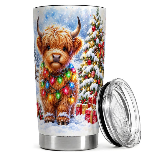 Highland Cow Christmas Lights 20oz Tumbler, Winter Travel Cup for Her