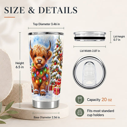#pl[20oz|Steel] Highland Cow Christmas Lights 20oz Tumbler, Winter Travel Cup for Her