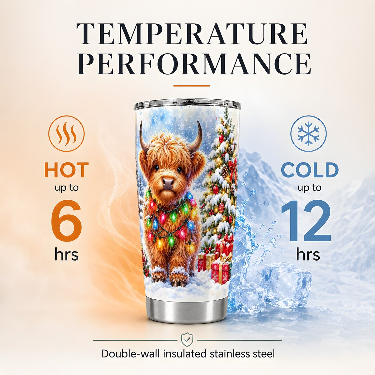 Highland Cow Christmas Lights 20oz Tumbler, Winter Travel Cup for Her