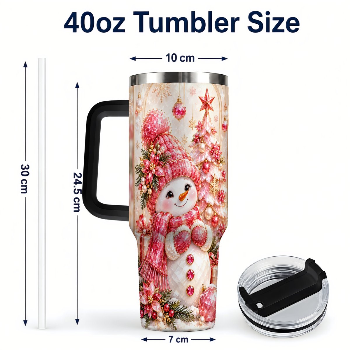 #pl[40oz|Black] Pink Snowman 40oz Tumbler with Handle, Christmas Travel Cup for Women