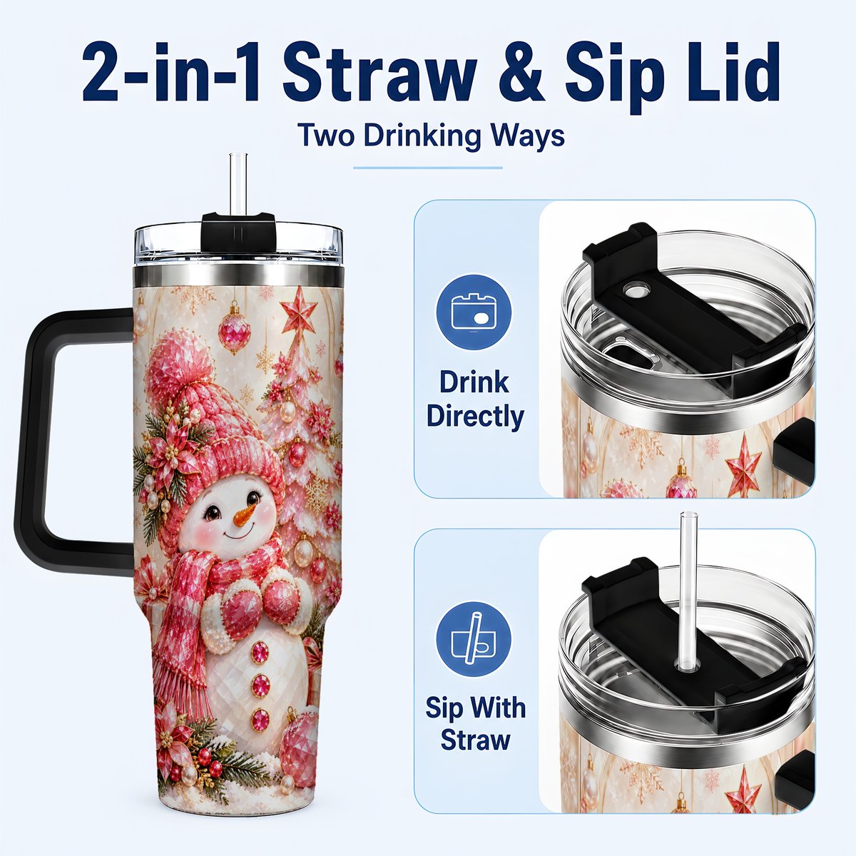 #pl[40oz|Black] Pink Snowman 40oz Tumbler with Handle, Christmas Travel Cup for Women