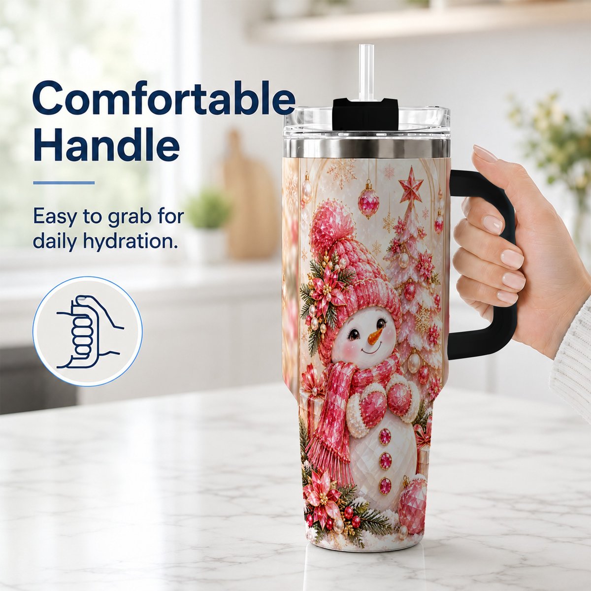 #pl[40oz|Black] Pink Snowman 40oz Tumbler with Handle, Christmas Travel Cup for Women