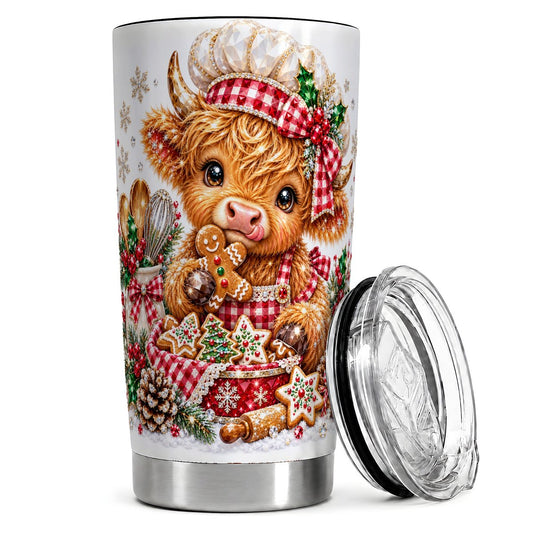 Christmas Baking Highland Cow 20oz Tumbler, Holiday Travel Cup for Bakers