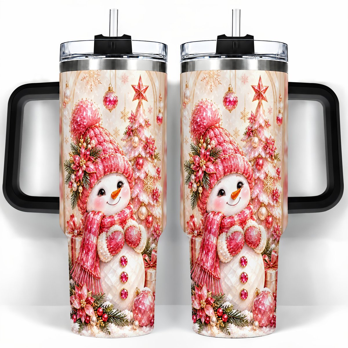 #pl[40oz|Black] Pink Snowman 40oz Tumbler with Handle, Christmas Travel Cup for Women