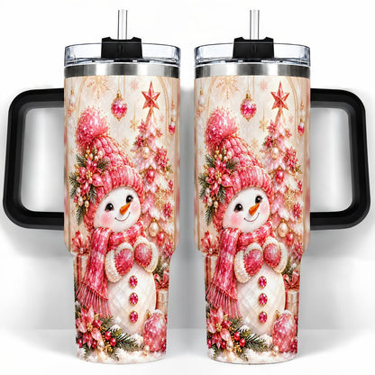 #pl[40oz|Black] Pink Snowman 40oz Tumbler with Handle, Christmas Travel Cup for Women