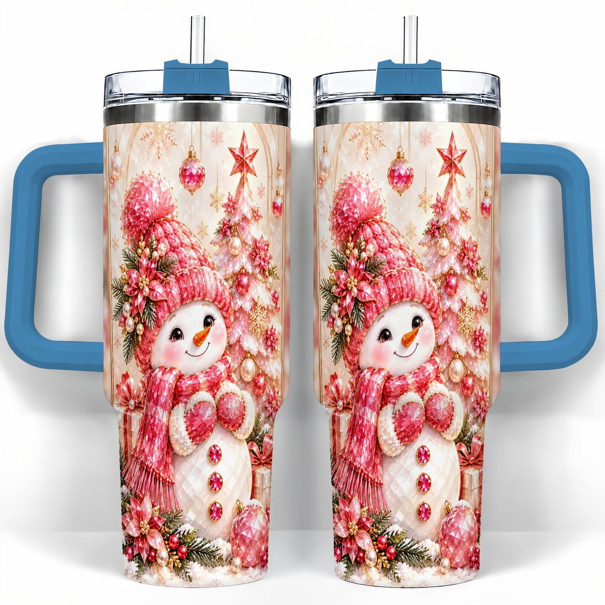 #pl[40oz|Blue] Pink Snowman 40oz Tumbler with Handle, Christmas Travel Cup for Women