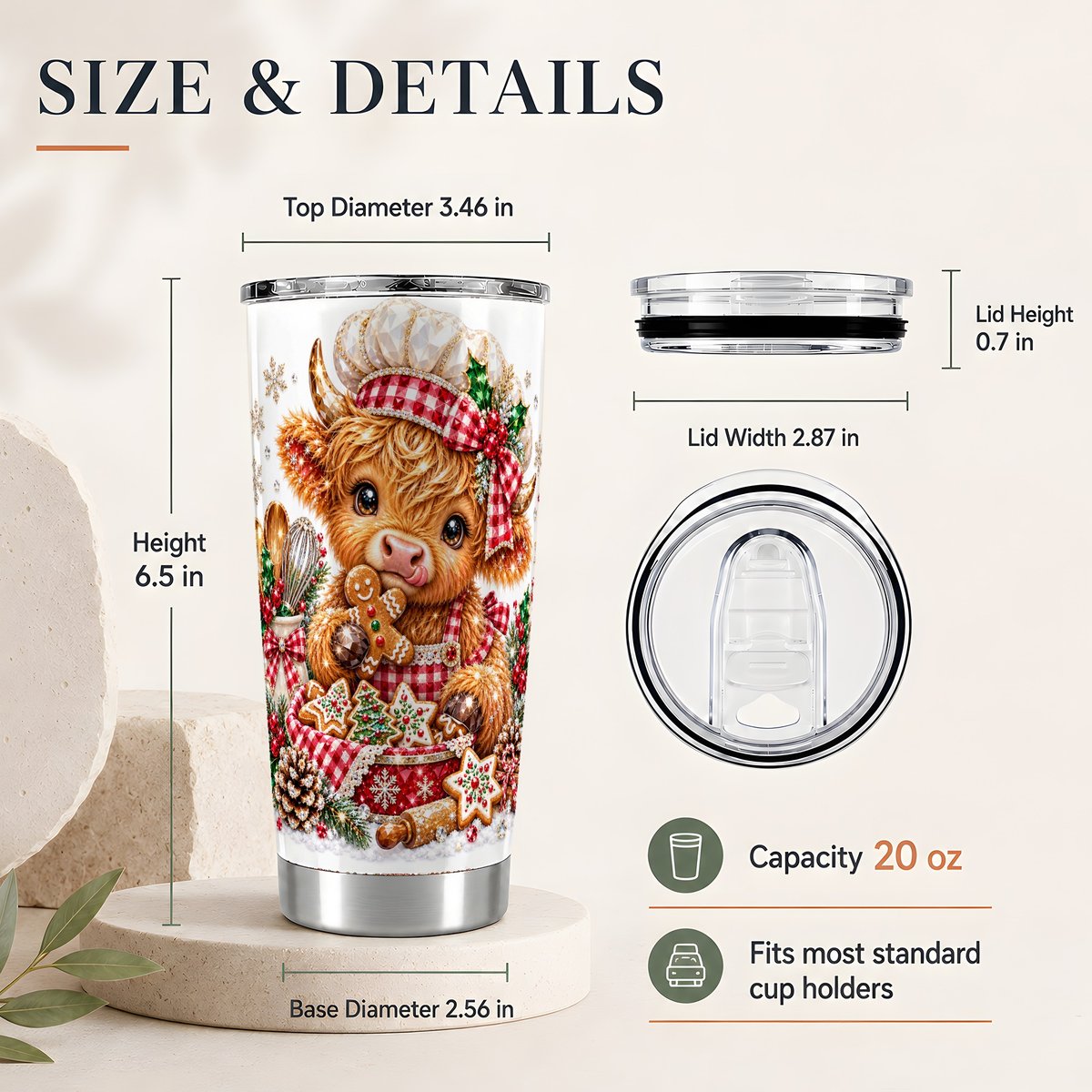 #pl[20oz|Steel] Christmas Baking Highland Cow 20oz Tumbler, Holiday Travel Cup for Bakers