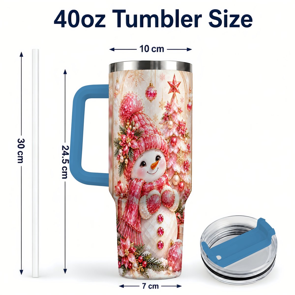 #pl[40oz|Blue] Pink Snowman 40oz Tumbler with Handle, Christmas Travel Cup for Women