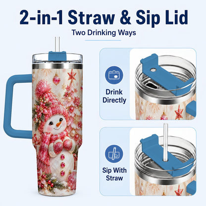 #pl[40oz|Blue] Pink Snowman 40oz Tumbler with Handle, Christmas Travel Cup for Women