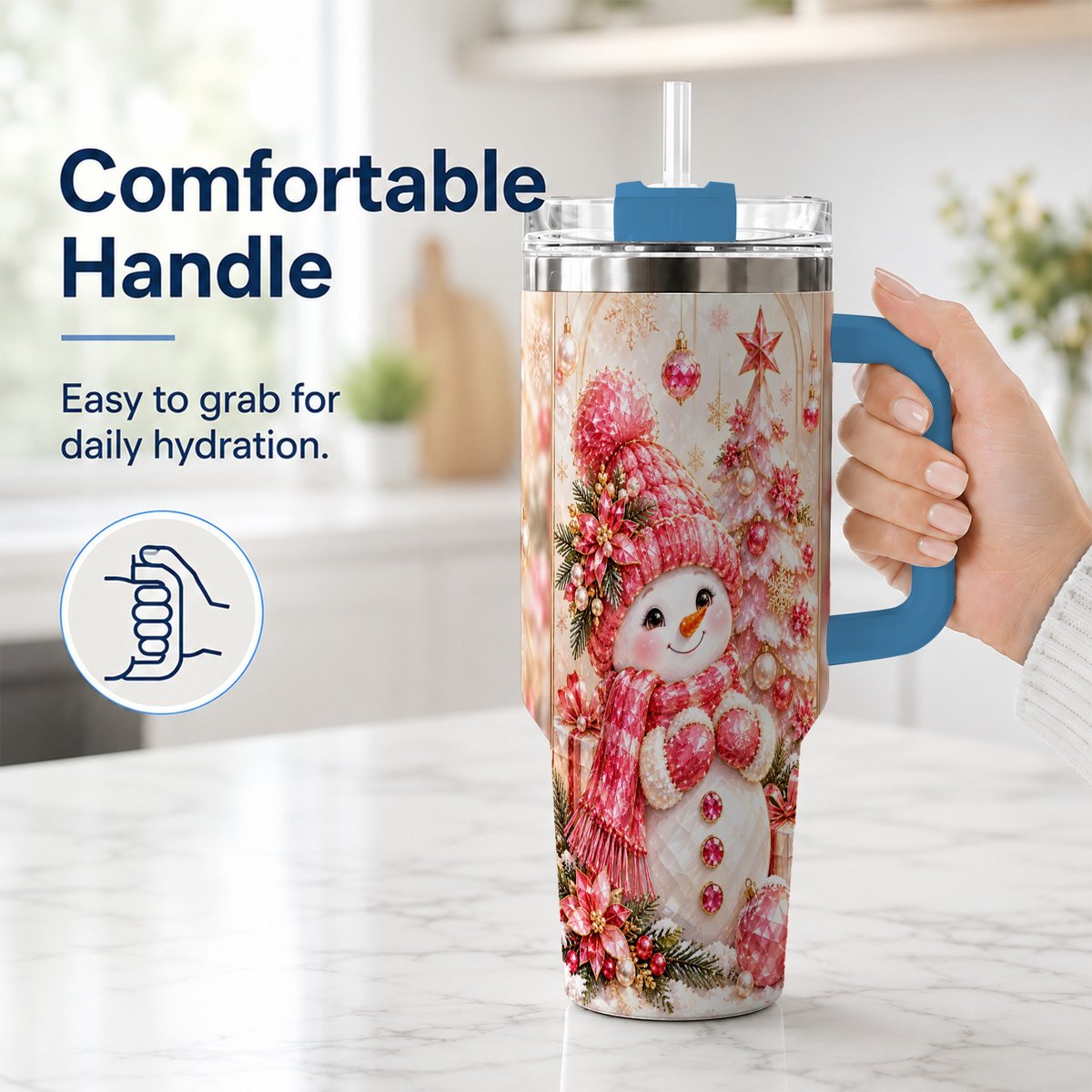 #pl[40oz|Blue] Pink Snowman 40oz Tumbler with Handle, Christmas Travel Cup for Women