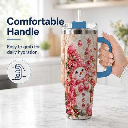 #pl[40oz|Blue] Pink Snowman 40oz Tumbler with Handle, Christmas Travel Cup for Women