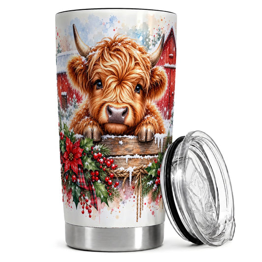 Highland Cow Red Barn 20oz Tumbler, Christmas Travel Cup for Farm Lovers