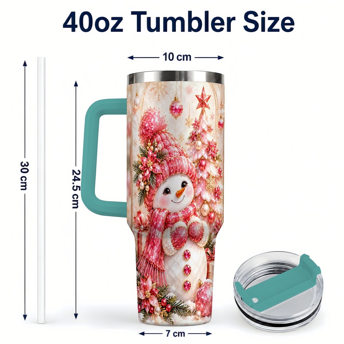 #pl[40oz|Green] Pink Snowman 40oz Tumbler with Handle, Christmas Travel Cup for Women