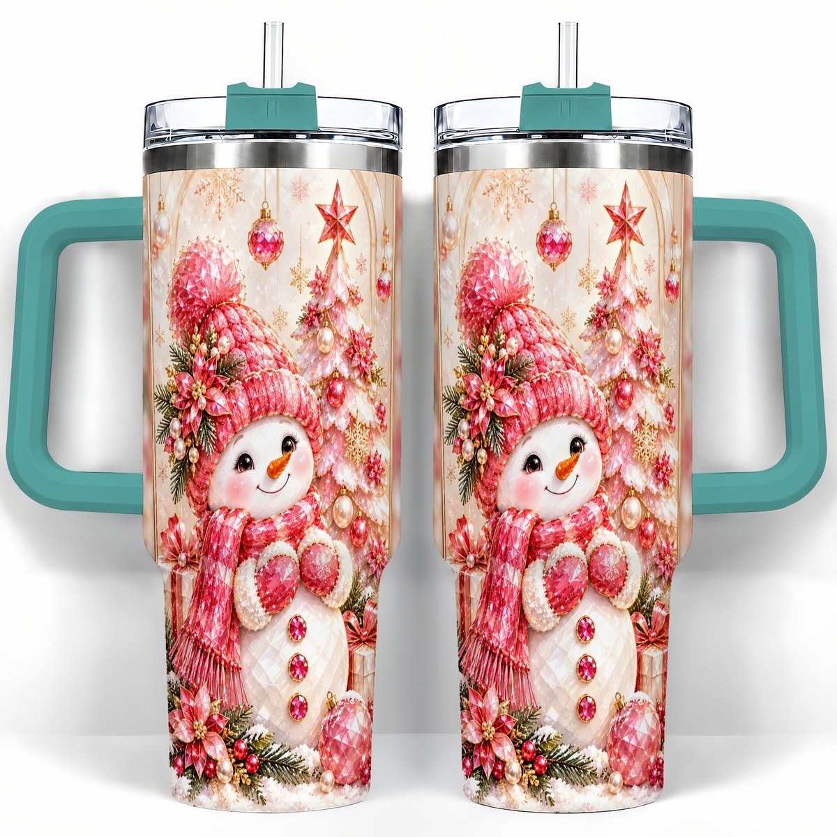 #pl[40oz|Green] Pink Snowman 40oz Tumbler with Handle, Christmas Travel Cup for Women