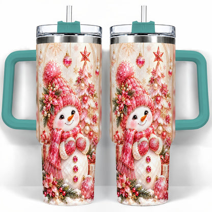 #pl[40oz|Green] Pink Snowman 40oz Tumbler with Handle, Christmas Travel Cup for Women