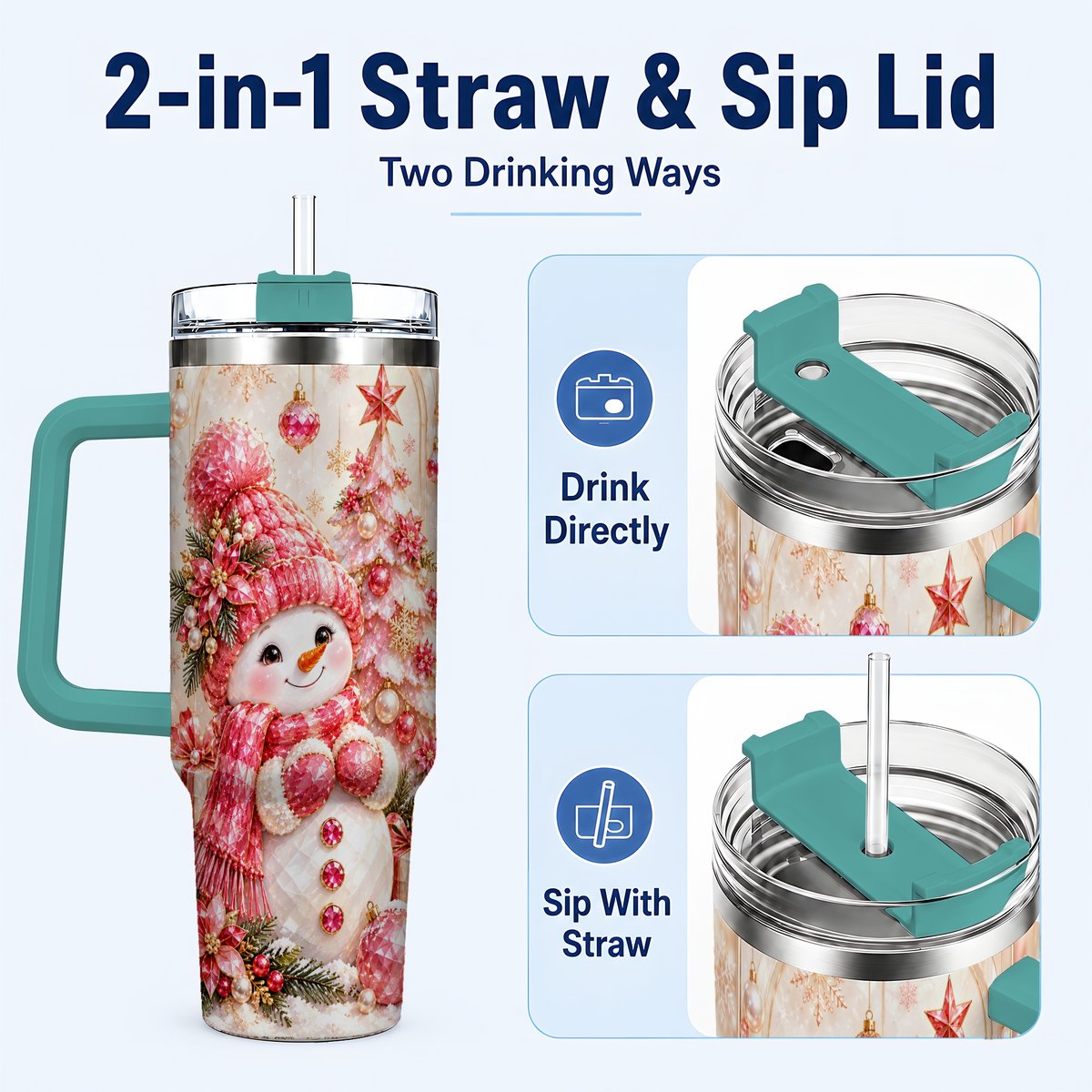 #pl[40oz|Green] Pink Snowman 40oz Tumbler with Handle, Christmas Travel Cup for Women