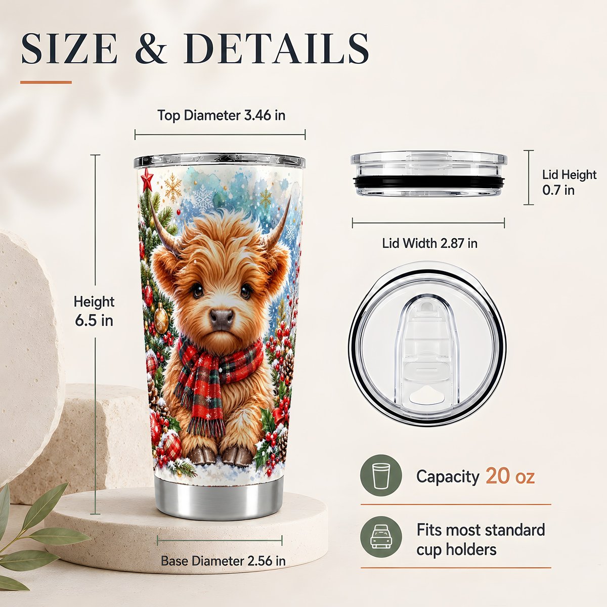 #pl[20oz|Steel] Highland Cow Plaid Scarf 20oz Tumbler, Christmas Travel Cup for Her