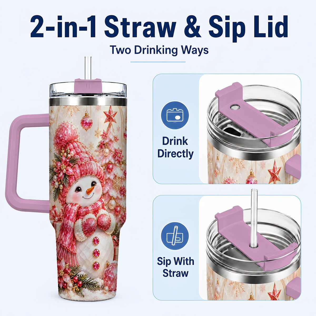 #pl[40oz|Pink] Pink Snowman 40oz Tumbler with Handle, Christmas Travel Cup for Women