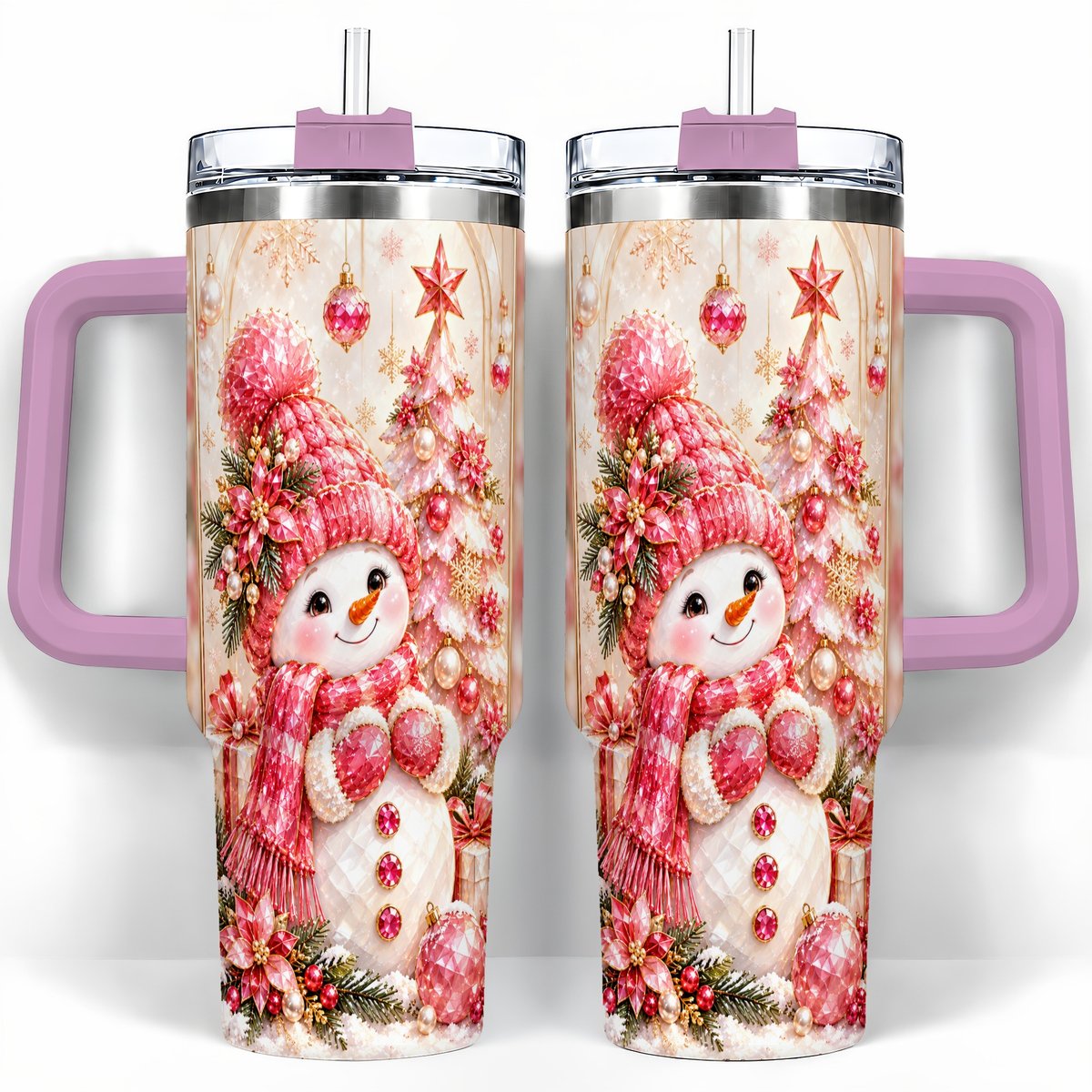 #pl[40oz|Pink] Pink Snowman 40oz Tumbler with Handle, Christmas Travel Cup for Women