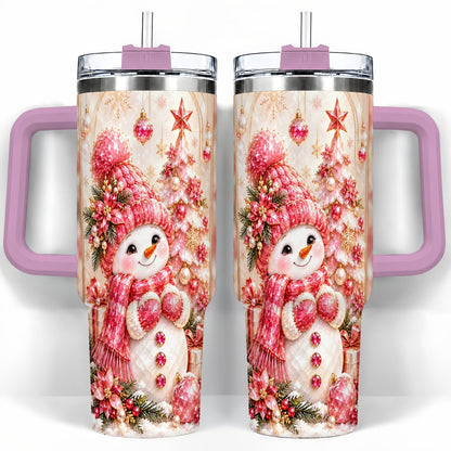 #pl[40oz|Pink] Pink Snowman 40oz Tumbler with Handle, Christmas Travel Cup for Women