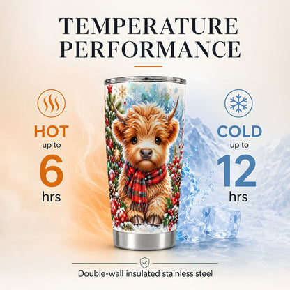Highland Cow Plaid Scarf 20oz Tumbler, Christmas Travel Cup for Her