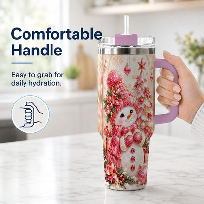 #pl[40oz|Pink] Pink Snowman 40oz Tumbler with Handle, Christmas Travel Cup for Women