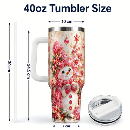 #pl[40oz|White] Pink Snowman 40oz Tumbler with Handle, Christmas Travel Cup for Women