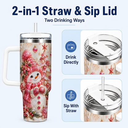 #pl[40oz|White] Pink Snowman 40oz Tumbler with Handle, Christmas Travel Cup for Women