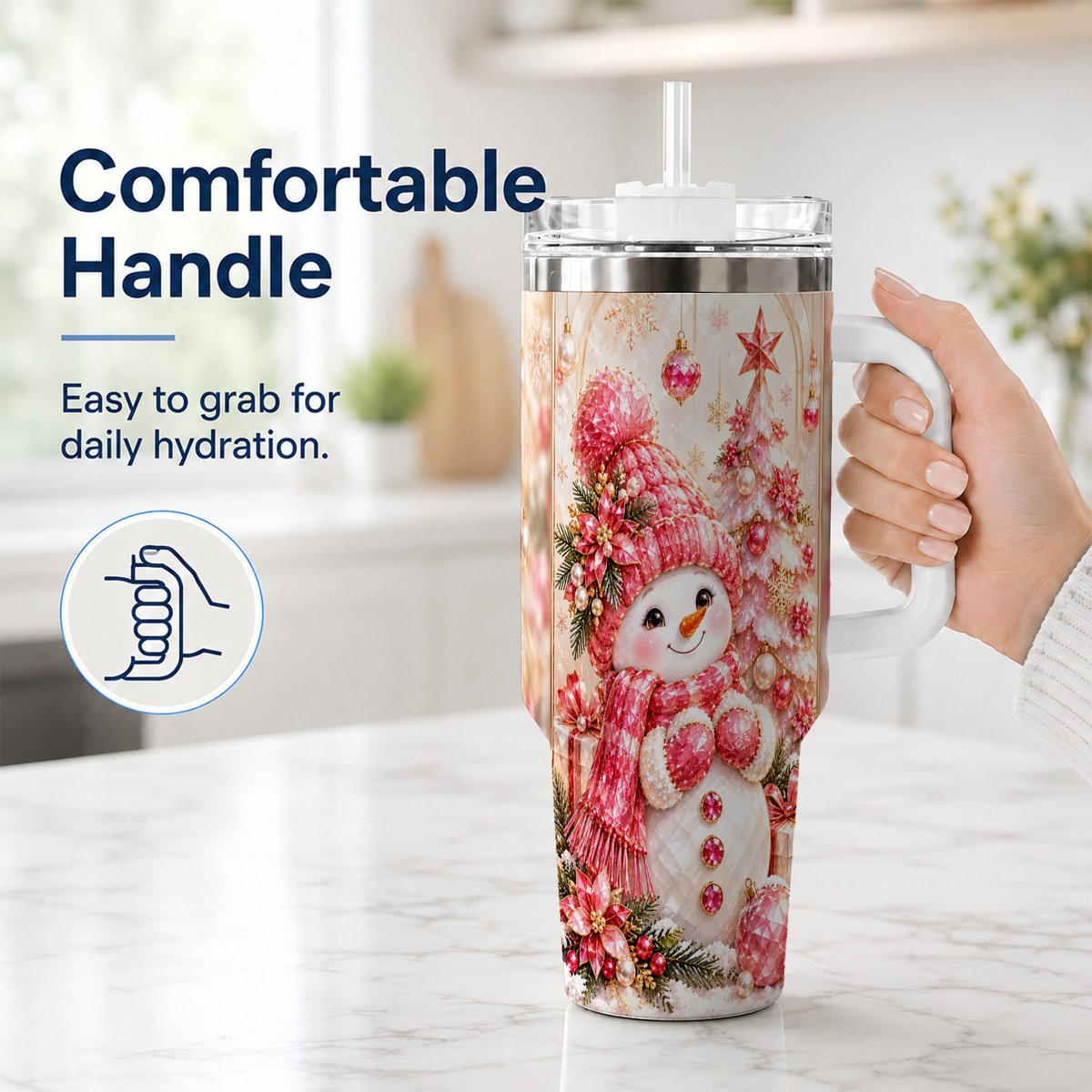 #pl[40oz|White] Pink Snowman 40oz Tumbler with Handle, Christmas Travel Cup for Women