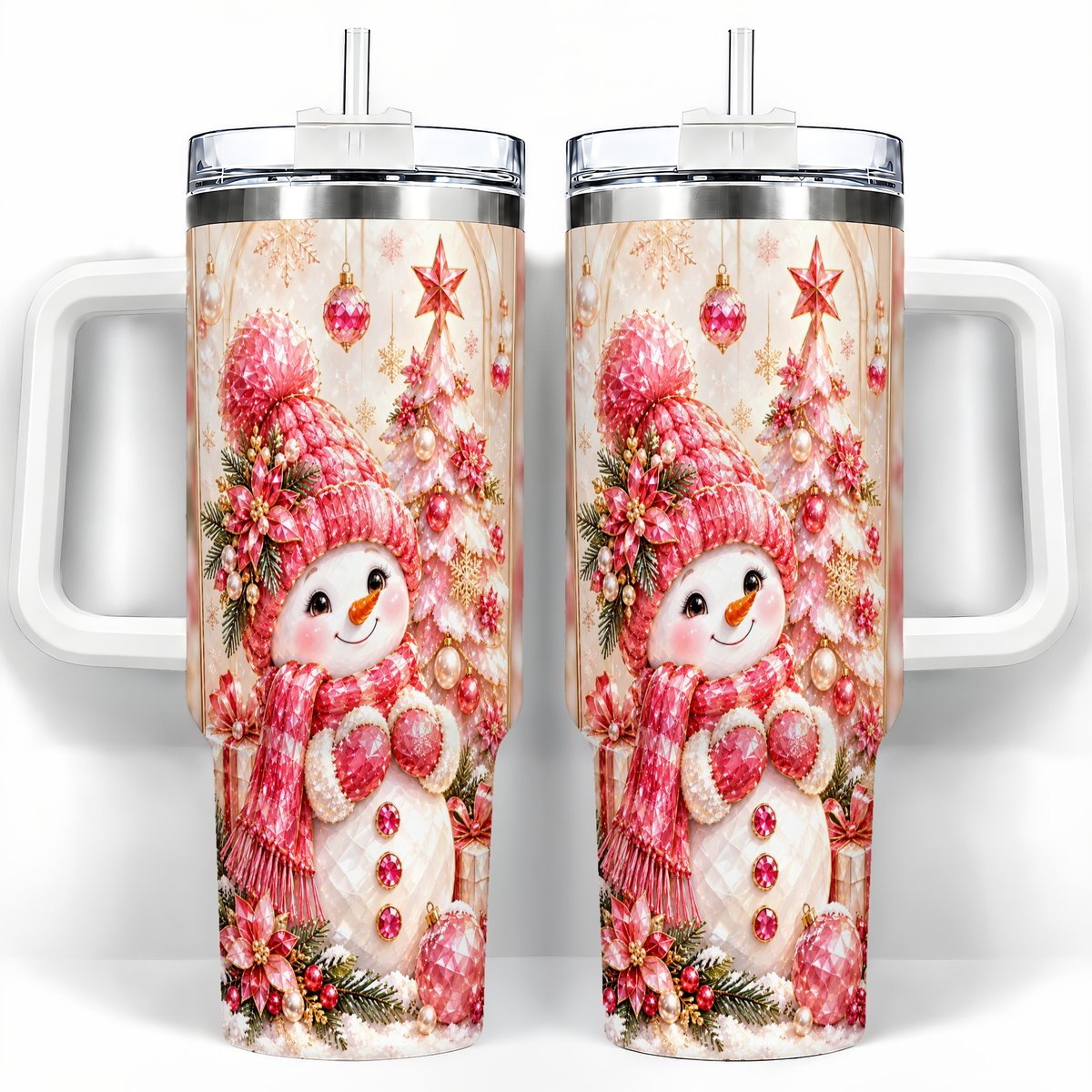 Pink Snowman 40oz Tumbler with Handle, Christmas Travel Cup for Women