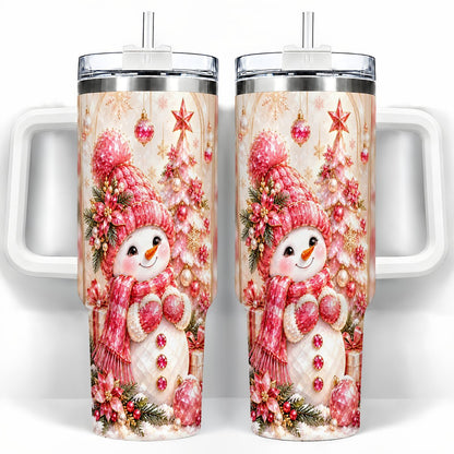 Pink Snowman 40oz Tumbler with Handle, Christmas Travel Cup for Women