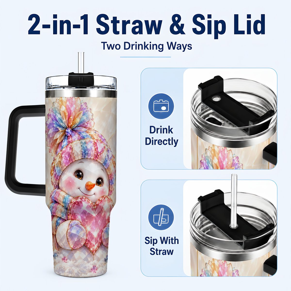 #pl[40oz|Black] Pastel Snowman 40oz Tumbler with Handle, Christmas Travel Cup for Her