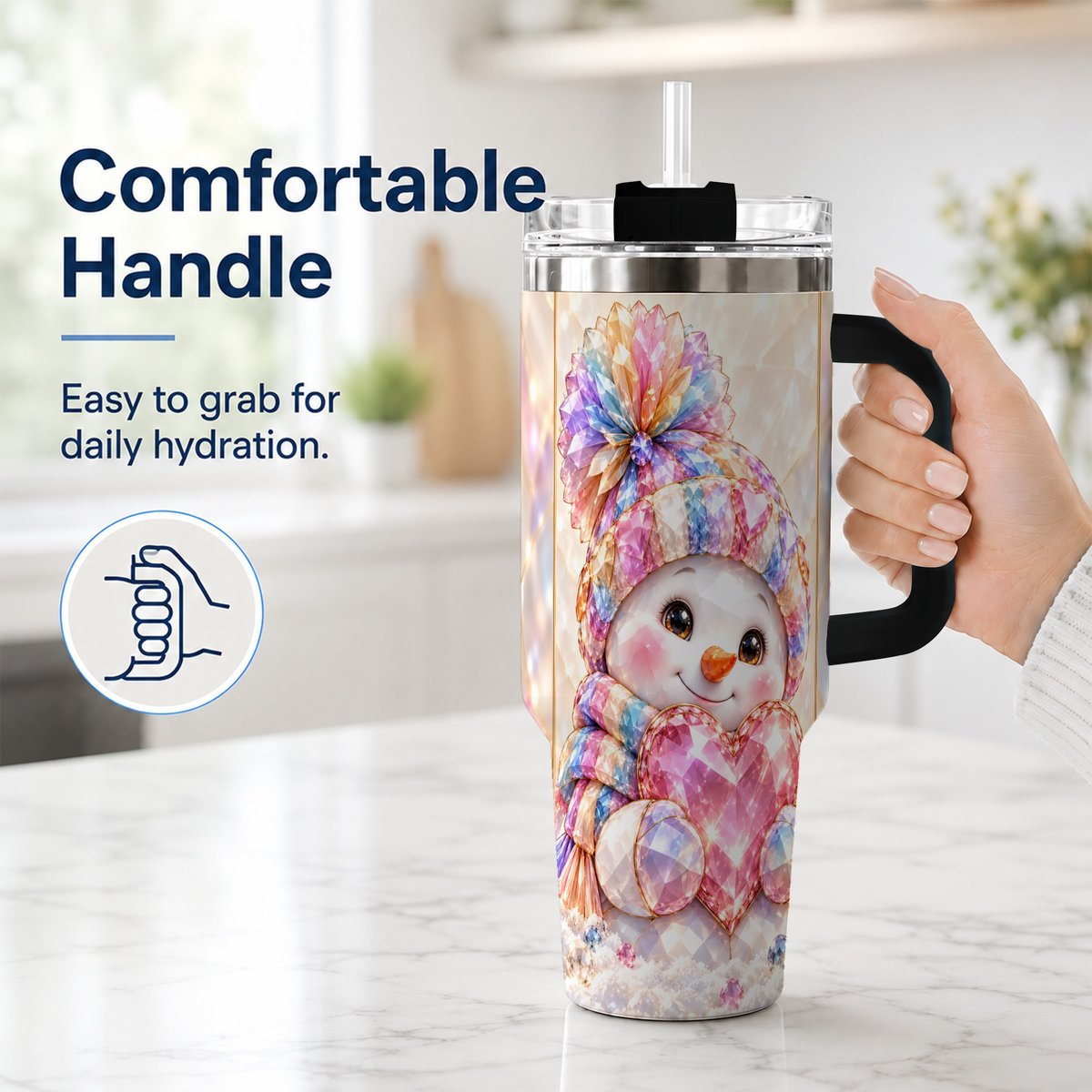 #pl[40oz|Black] Pastel Snowman 40oz Tumbler with Handle, Christmas Travel Cup for Her