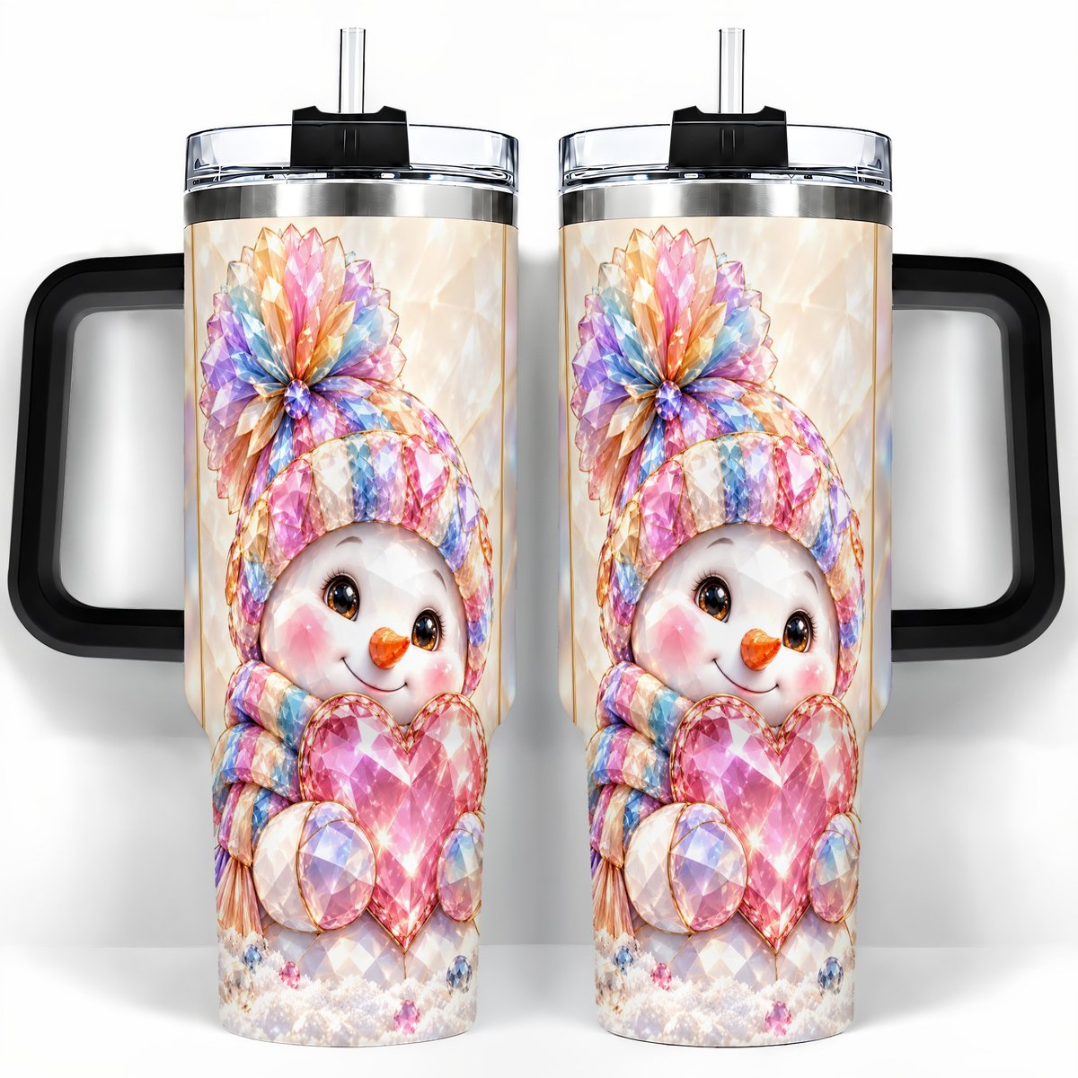 #pl[40oz|Black] Pastel Snowman 40oz Tumbler with Handle, Christmas Travel Cup for Her