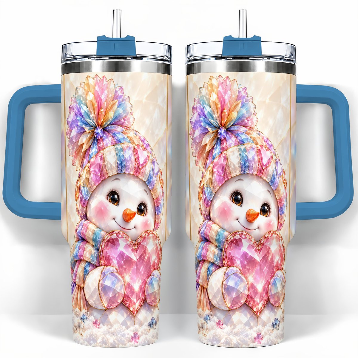 #pl[40oz|Blue] Pastel Snowman 40oz Tumbler with Handle, Christmas Travel Cup for Her