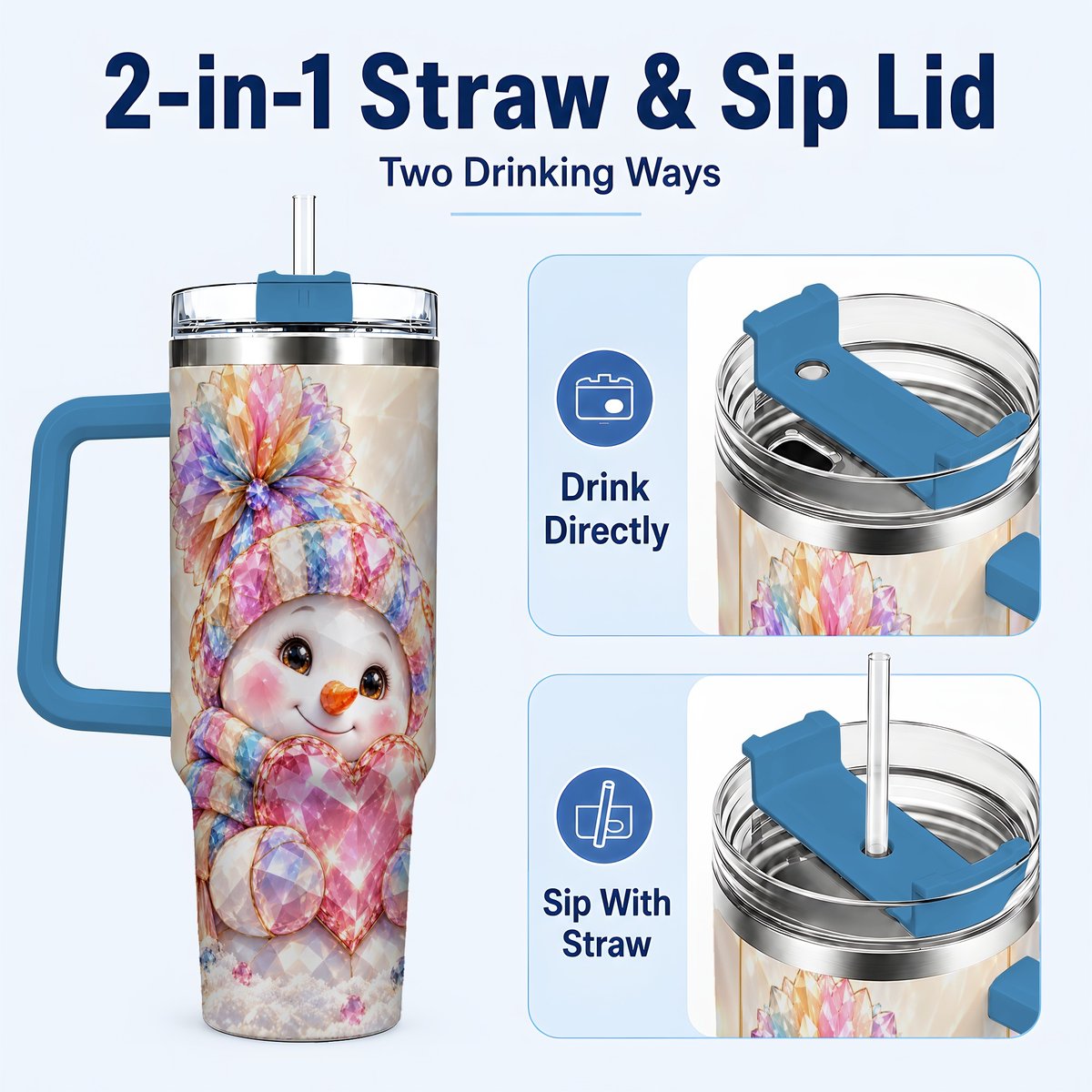 #pl[40oz|Blue] Pastel Snowman 40oz Tumbler with Handle, Christmas Travel Cup for Her