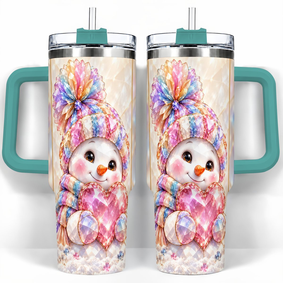 #pl[40oz|Green] Pastel Snowman 40oz Tumbler with Handle, Christmas Travel Cup for Her