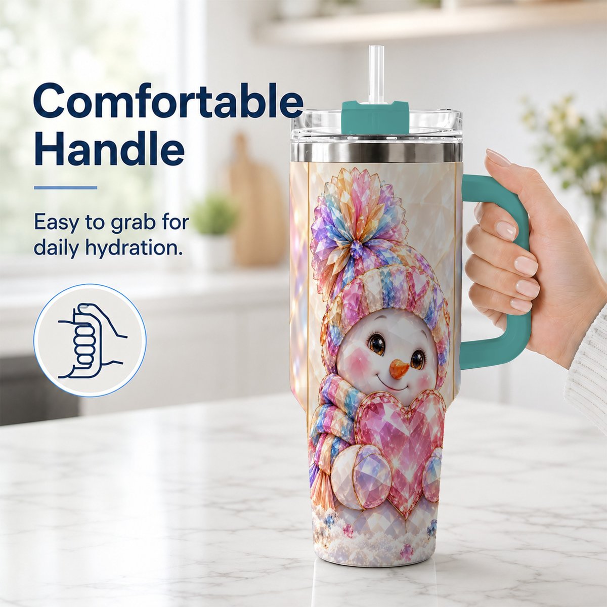 #pl[40oz|Green] Pastel Snowman 40oz Tumbler with Handle, Christmas Travel Cup for Her