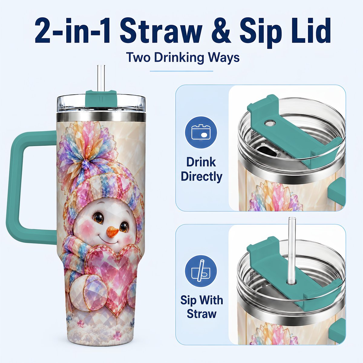 #pl[40oz|Green] Pastel Snowman 40oz Tumbler with Handle, Christmas Travel Cup for Her