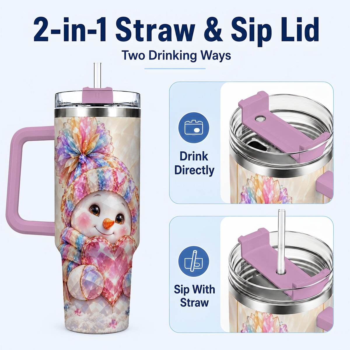 #pl[40oz|Pink] Pastel Snowman 40oz Tumbler with Handle, Christmas Travel Cup for Her