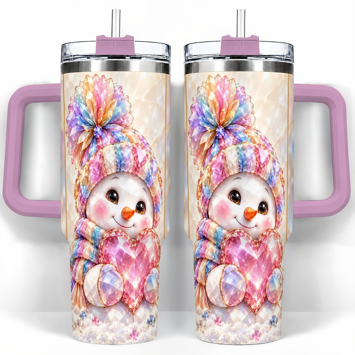 #pl[40oz|Pink] Pastel Snowman 40oz Tumbler with Handle, Christmas Travel Cup for Her