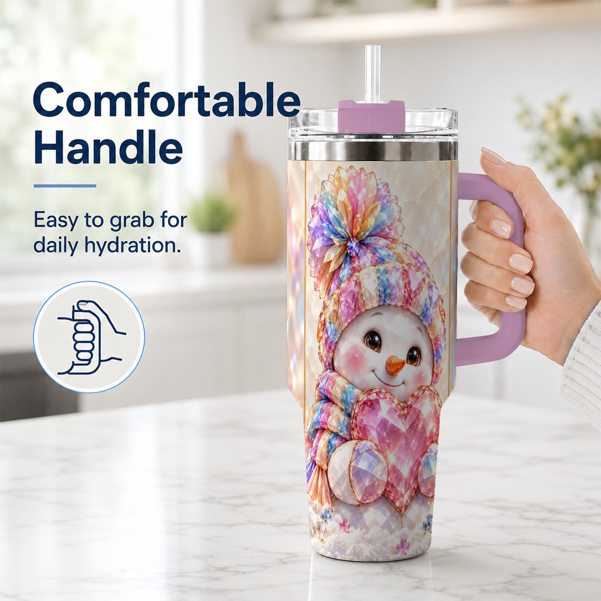 #pl[40oz|Pink] Pastel Snowman 40oz Tumbler with Handle, Christmas Travel Cup for Her
